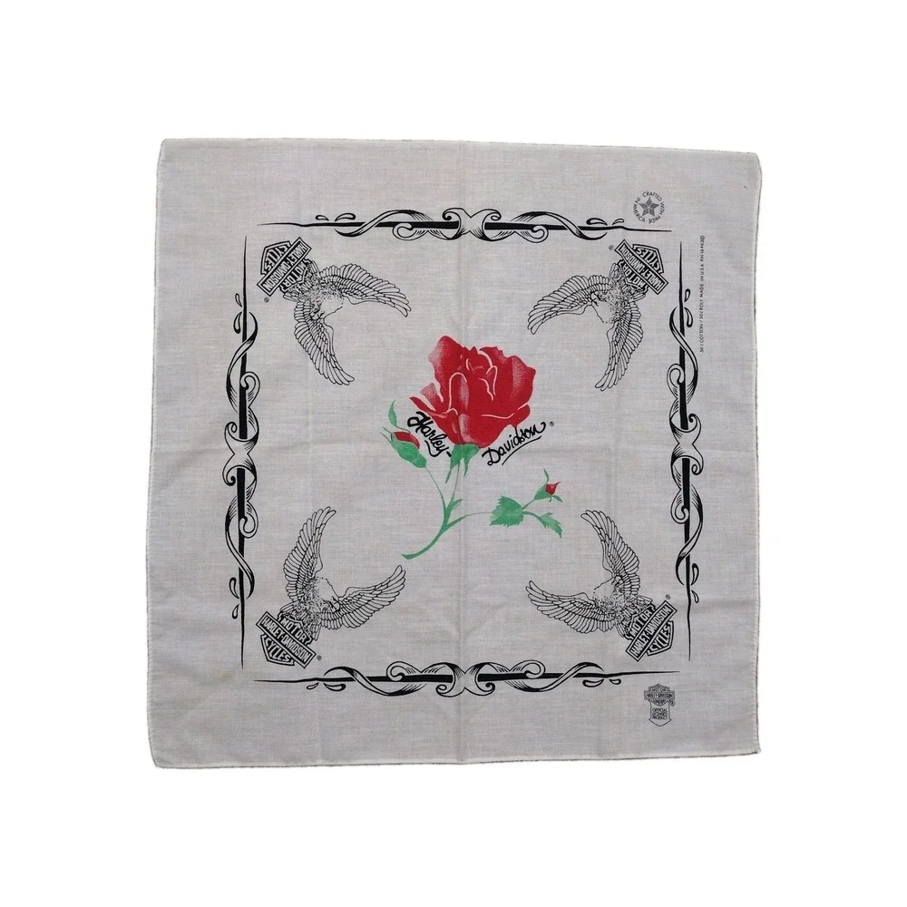 Vintage 80s Harley Davidson Bandana Rose Upwing Eagle Bar Shield USA Made White
